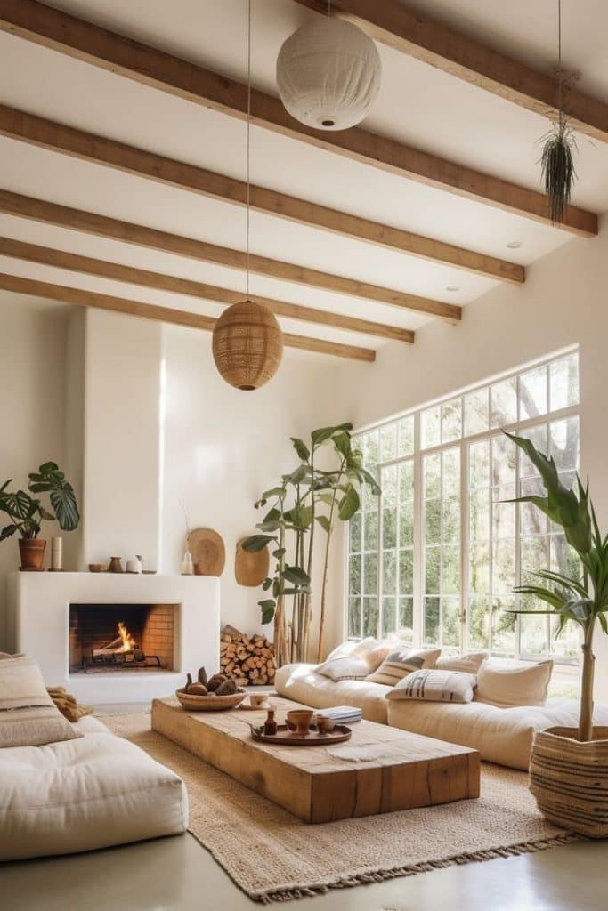 Pièce avec canapé, table basse, cheminée et plantes décoratives