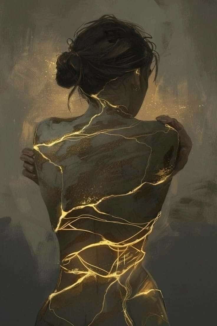 Silhouette féminine de dos avec des lignes lumineuses