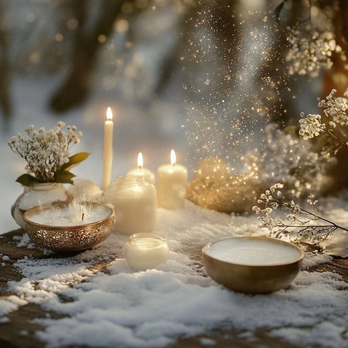 Bougies allumées sur de la neige décorative, avec fleurs blanches séchées, bols dorés et lumières scintillantes