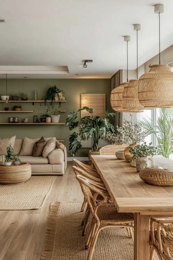 Intérieur avec table à manger et chaises, canapé, étagères murales et plantes