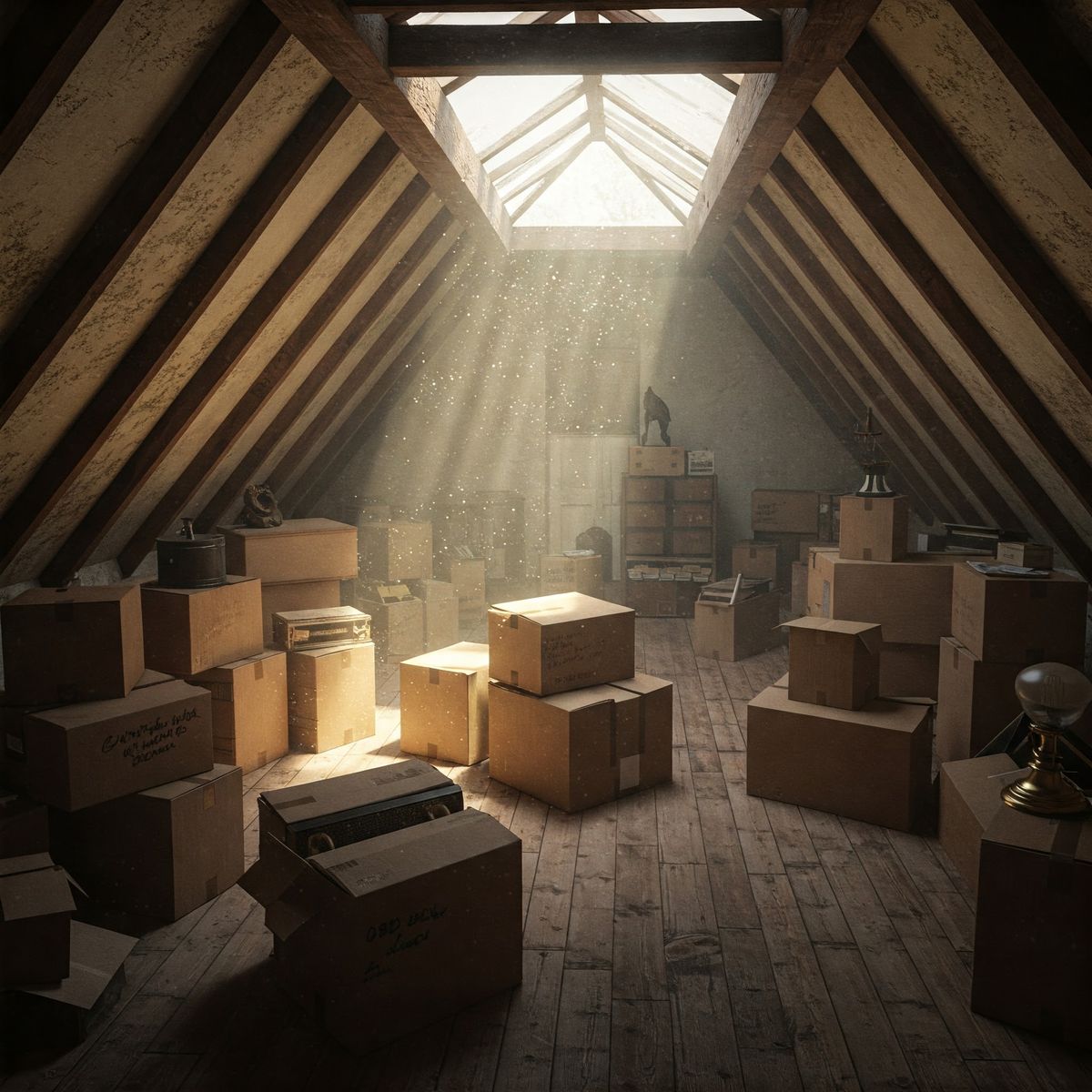 Grenier avec cartons et lumière entrant par le toit