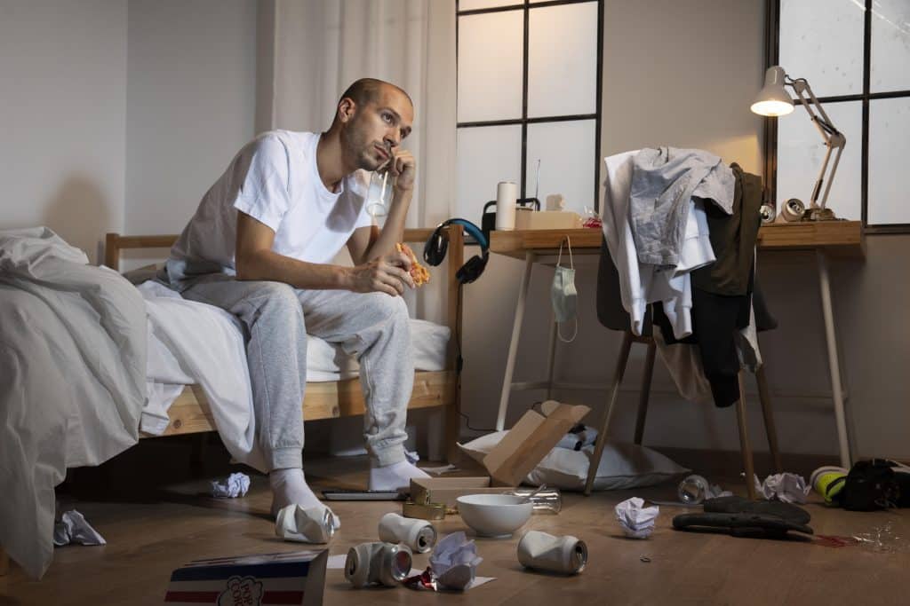 Homme seul dans une chambre en bazar