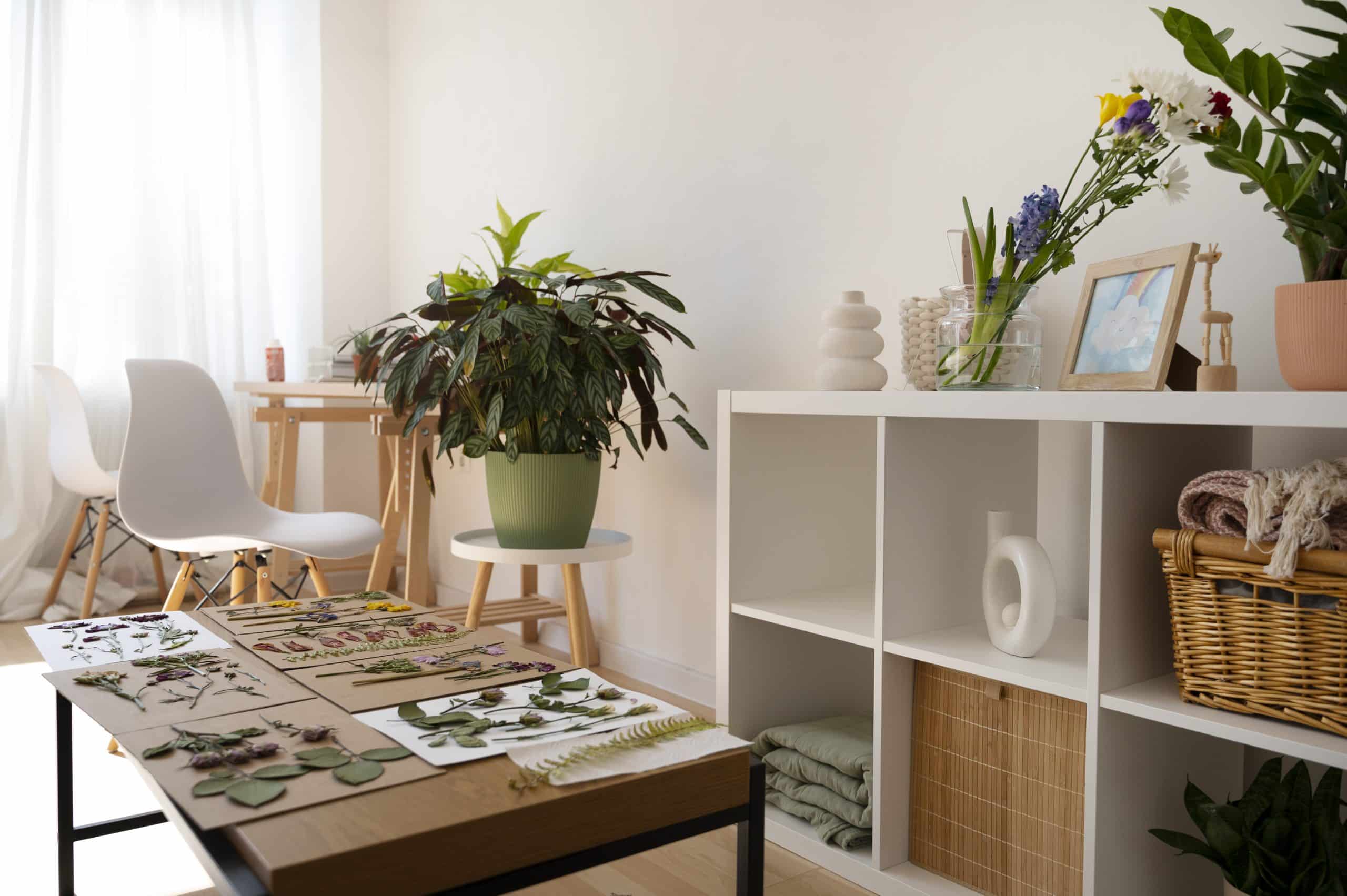 Pièce avec meuble, chaises, table basse et plantes
