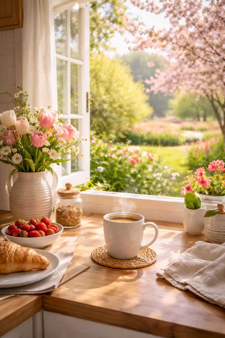 Meuble avec plantes, petit déjeuner et vue fleurie par la fenêtre