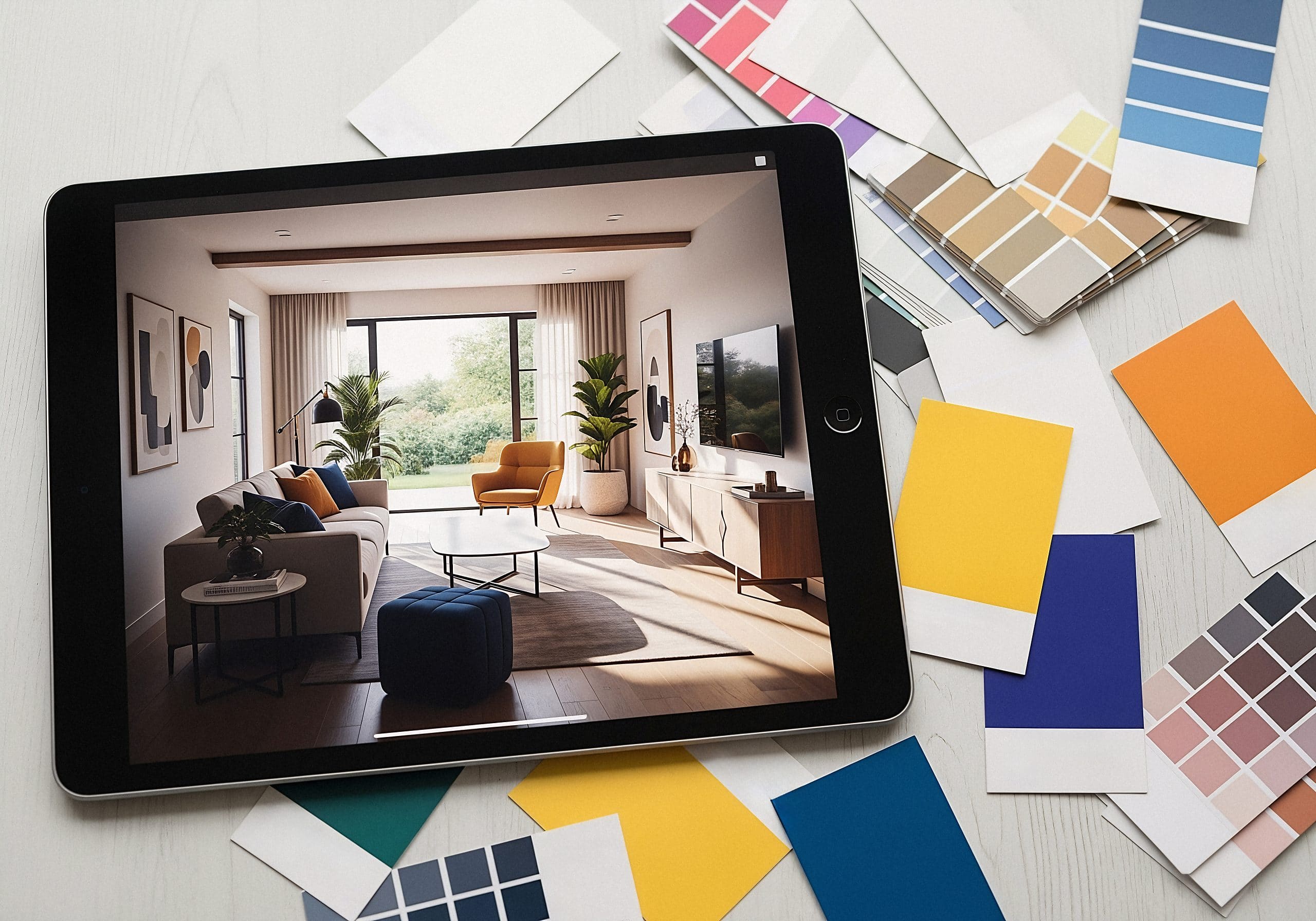 Tablette affichant un salon décoré avec canapé, table basse, meuble TV, cadre et plantes, avec échantillons de couleurs autour